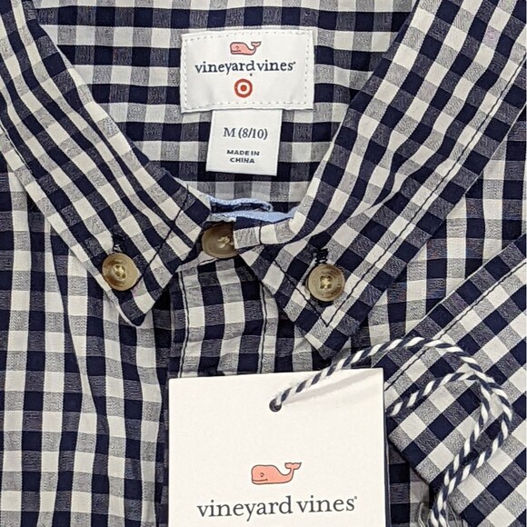 Vineyard Vines Navy Blue White Gingham Button Down Church Shirt Boy Size M 8 10 - Picture 5 of 6